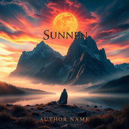 A captivating book cover design featuring a mystical landscape with towering mountains in the background, a serene lake at the foreground reflecting the sky, and a lone figure standing on the shore looking towards the mountains