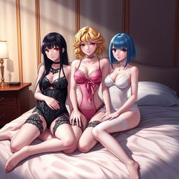 Three anime girls posing in elegant lingerie in a luxurious, softly lit bedroom setting