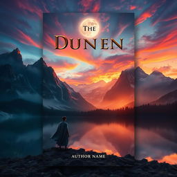 A captivating book cover design featuring a mystical landscape with towering mountains in the background, a serene lake at the foreground reflecting the sky, and a lone figure standing on the shore looking towards the mountains