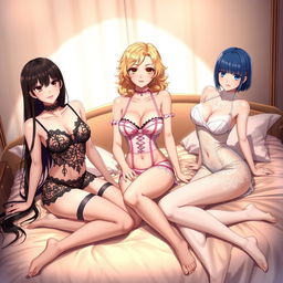 Three anime girls posing in elegant lingerie in a luxurious, softly lit bedroom setting