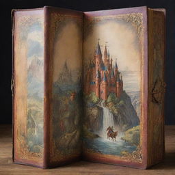 An antique, leather-bound book open to the middle, revealing a vibrant, fantasy landscape with towering castles, mythical creatures, and a hero embarking on an epic quest.