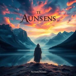 A captivating book cover design featuring a mystical landscape with towering mountains in the background, a serene lake at the foreground reflecting the sky, and a lone figure standing on the shore looking towards the mountains