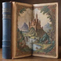 An antique, leather-bound book open to the middle, revealing a vibrant, fantasy landscape with towering castles, mythical creatures, and a hero embarking on an epic quest.