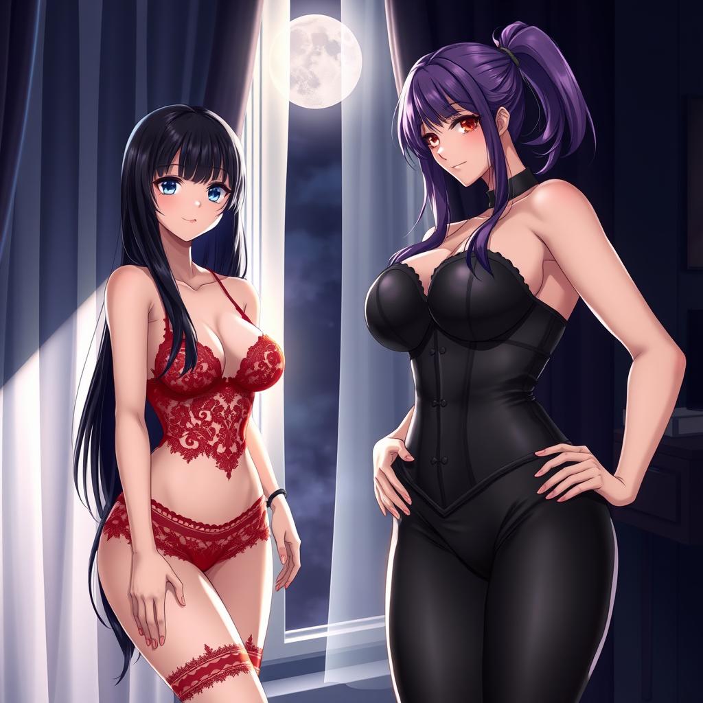 Two seductive anime girls posing in fashionable lingerie in a chic, dimly lit room