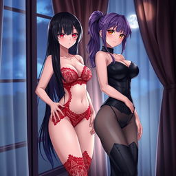 Two seductive anime girls posing in fashionable lingerie in a chic, dimly lit room