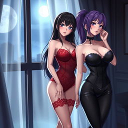 Two seductive anime girls posing in fashionable lingerie in a chic, dimly lit room