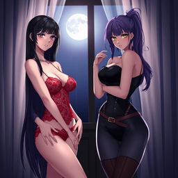 Two seductive anime girls posing in fashionable lingerie in a chic, dimly lit room