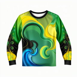 An elegant and beautiful long-sleeved T-shirt design featuring a harmonious combination of green, yellow, blue, and black