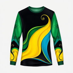 An elegant and beautiful long-sleeved T-shirt design featuring a harmonious combination of green, yellow, blue, and black