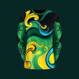 An elegant and beautiful long-sleeved T-shirt design featuring a harmonious combination of green, yellow, blue, and black