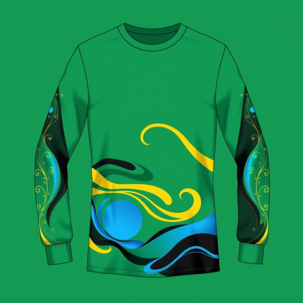 An elegant and beautiful long-sleeved T-shirt design featuring a harmonious combination of green, yellow, blue, and black