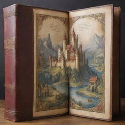 An antique, leather-bound book open to the middle, revealing a vibrant, fantasy landscape with towering castles, mythical creatures, and a hero embarking on an epic quest.