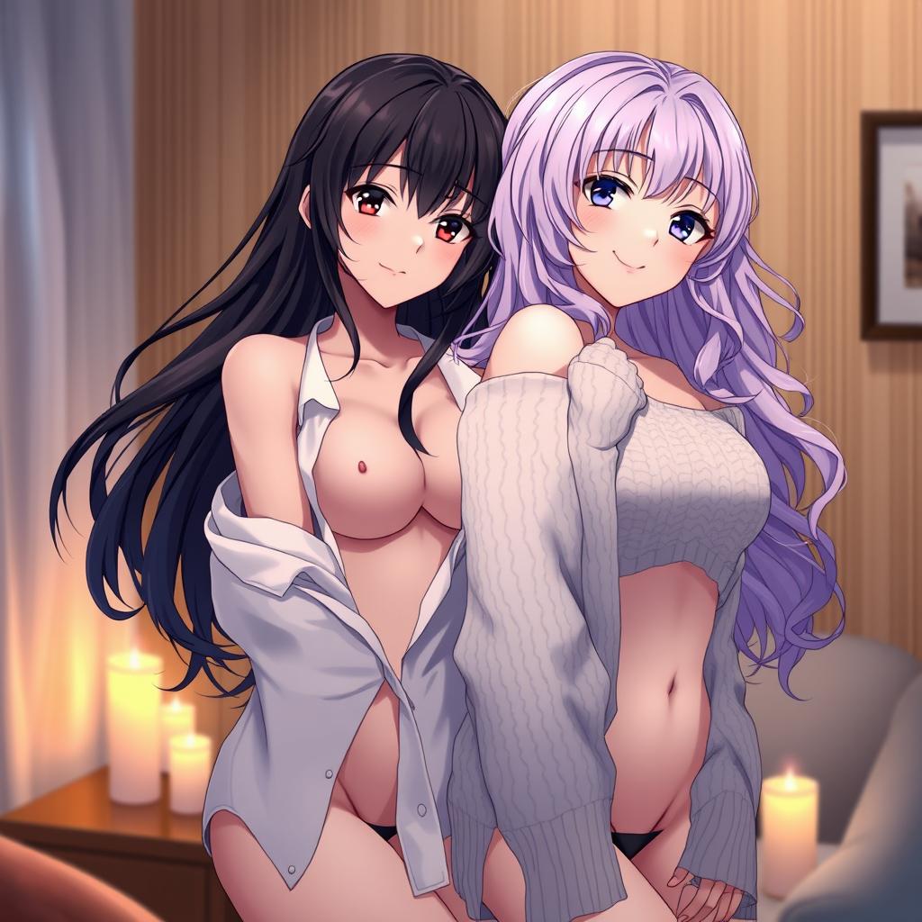 Two alluring anime girls partially undressed, posing in an intimate, softly lit room