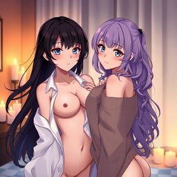 Two alluring anime girls partially undressed, posing in an intimate, softly lit room