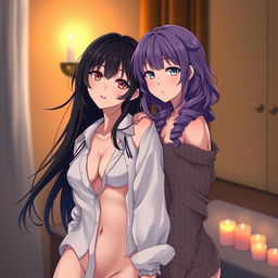 Two alluring anime girls partially undressed, posing in an intimate, softly lit room