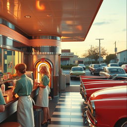 A vintage scene from the 1950s, capturing a classic diner with gleaming chrome accents, a jukebox in the corner, and patrons enjoying milkshakes at the counter