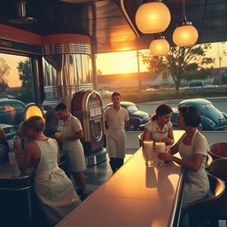 A vintage scene from the 1950s, capturing a classic diner with gleaming chrome accents, a jukebox in the corner, and patrons enjoying milkshakes at the counter