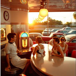 A vintage scene from the 1950s, capturing a classic diner with gleaming chrome accents, a jukebox in the corner, and patrons enjoying milkshakes at the counter