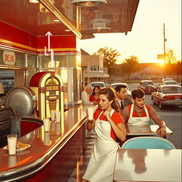 A vintage scene from the 1950s, capturing a classic diner with gleaming chrome accents, a jukebox in the corner, and patrons enjoying milkshakes at the counter