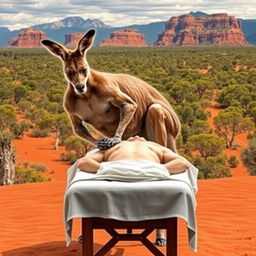 A muscular kangaroo performing a massage on a person lying face down on a massage table, set against the backdrop of Australia's iconic landscape