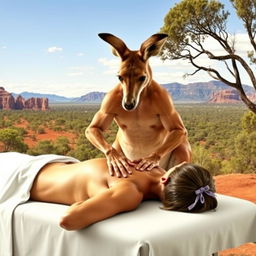 A muscular kangaroo performing a massage on a person lying face down on a massage table, set against the backdrop of Australia's iconic landscape