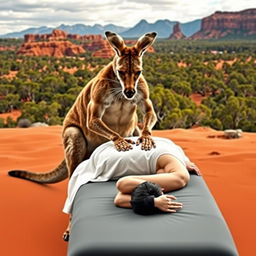 A muscular kangaroo performing a massage on a person lying face down on a massage table, set against the backdrop of Australia's iconic landscape