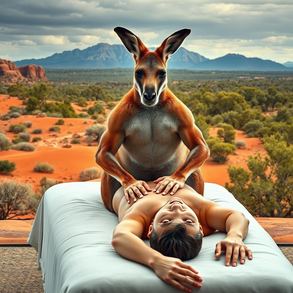 A muscular kangaroo performing a massage on a person lying face down on a massage table, set against the backdrop of Australia's iconic landscape