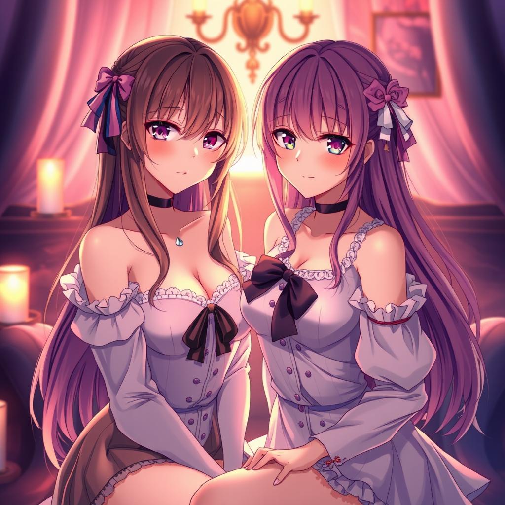 Two alluring anime girls in an intimate setting, showcasing their beauty and enchanting expressions