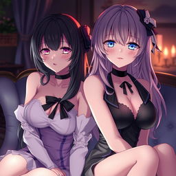 Two alluring anime girls in an intimate setting, showcasing their beauty and enchanting expressions