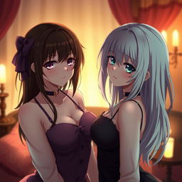 Two alluring anime girls in an intimate setting, showcasing their beauty and enchanting expressions