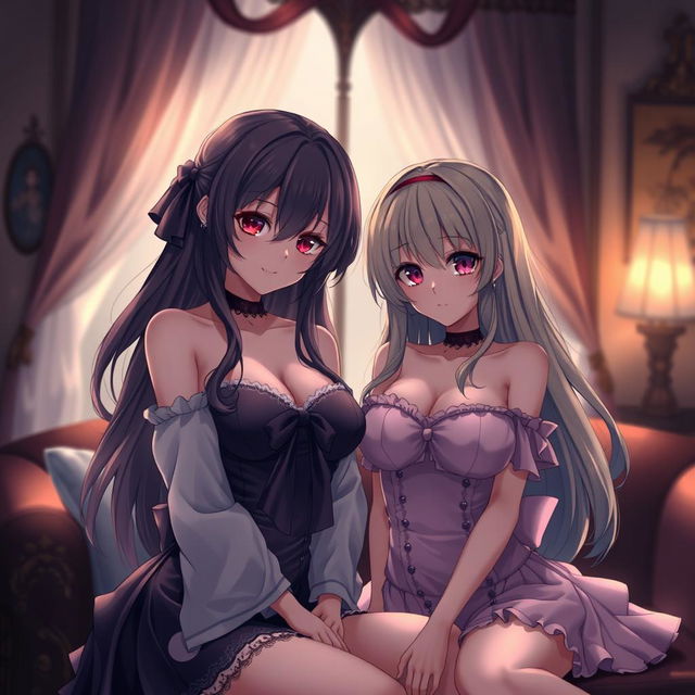 Two alluring anime girls in an intimate setting, showcasing their beauty and enchanting expressions