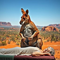 A muscular kangaroo massaging an elderly woman in a serene outdoor setting against the backdrop of Australia's breathtaking landscape