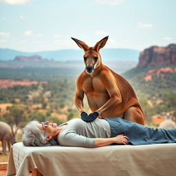 A muscular kangaroo massaging an elderly woman in a serene outdoor setting against the backdrop of Australia's breathtaking landscape