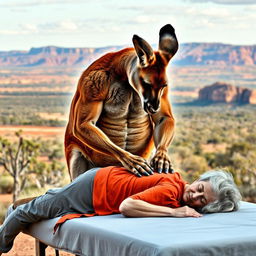 A muscular kangaroo massaging an elderly woman in a serene outdoor setting against the backdrop of Australia's breathtaking landscape