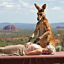 A muscular kangaroo massaging an elderly woman in a serene outdoor setting against the backdrop of Australia's breathtaking landscape