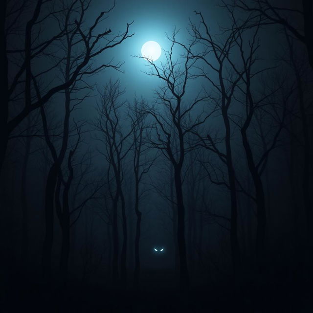 A dark, misty forest at midnight with a full moon casting a soft glow