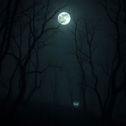 A dark, misty forest at midnight with a full moon casting a soft glow