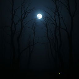 A dark, misty forest at midnight with a full moon casting a soft glow