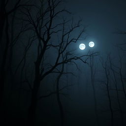 A dark, misty forest at midnight with a full moon casting a soft glow
