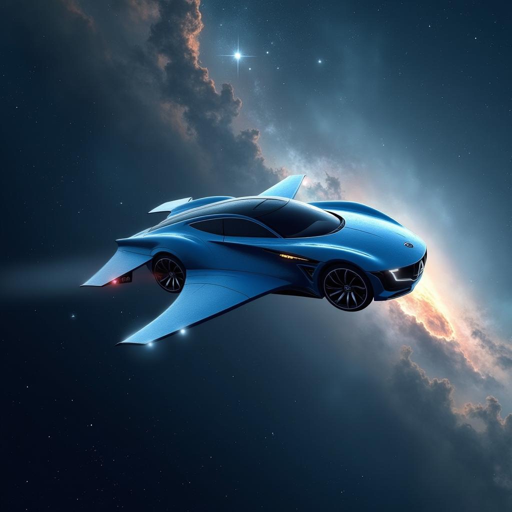 A futuristic flying car soaring through the vastness of space, surrounded by twinkling stars and distant galaxies