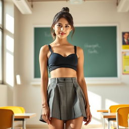 A young woman with the facial features of actress Anunaya Anoop, wearing a fashionable ensemble featuring a knee-length school-style skirt and a stylish bra top