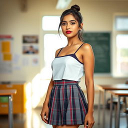 A young woman with the facial features of actress Anunaya Anoop, wearing a fashionable ensemble featuring a knee-length school-style skirt and a stylish bra top