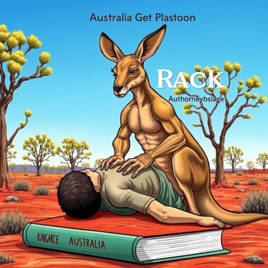 A muscular kangaroo giving a massage to a human on the cover of a book, set in the iconic Australian outback landscape