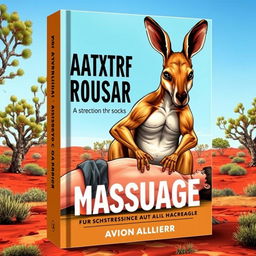 A muscular kangaroo giving a massage to a human on the cover of a book, set in the iconic Australian outback landscape