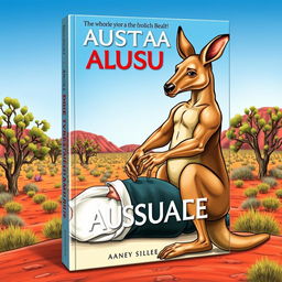 A muscular kangaroo giving a massage to a human on the cover of a book, set in the iconic Australian outback landscape