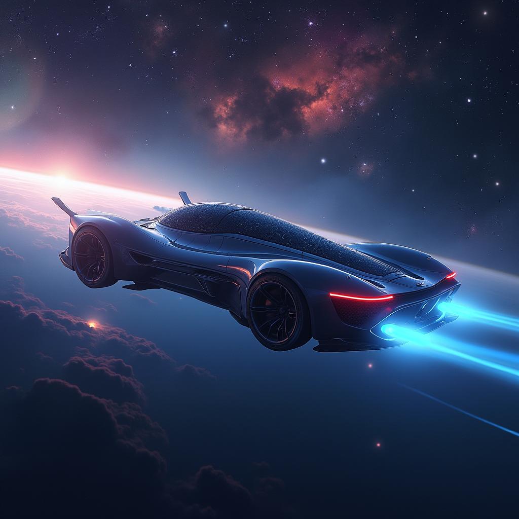 A futuristic flying car gracefully soaring through the cosmos