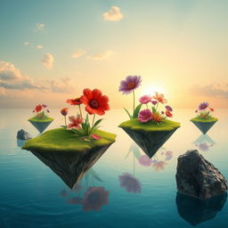 Create a captivating image of a surreal landscape with floating islands above a tranquil sea