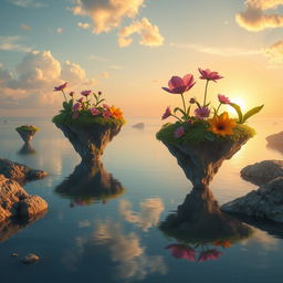 Create a captivating image of a surreal landscape with floating islands above a tranquil sea