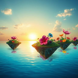 Create a captivating image of a surreal landscape with floating islands above a tranquil sea