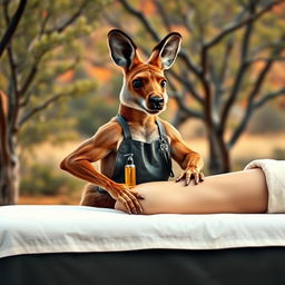 A cute yet muscular kangaroo working as a massage therapist in an Australian setting